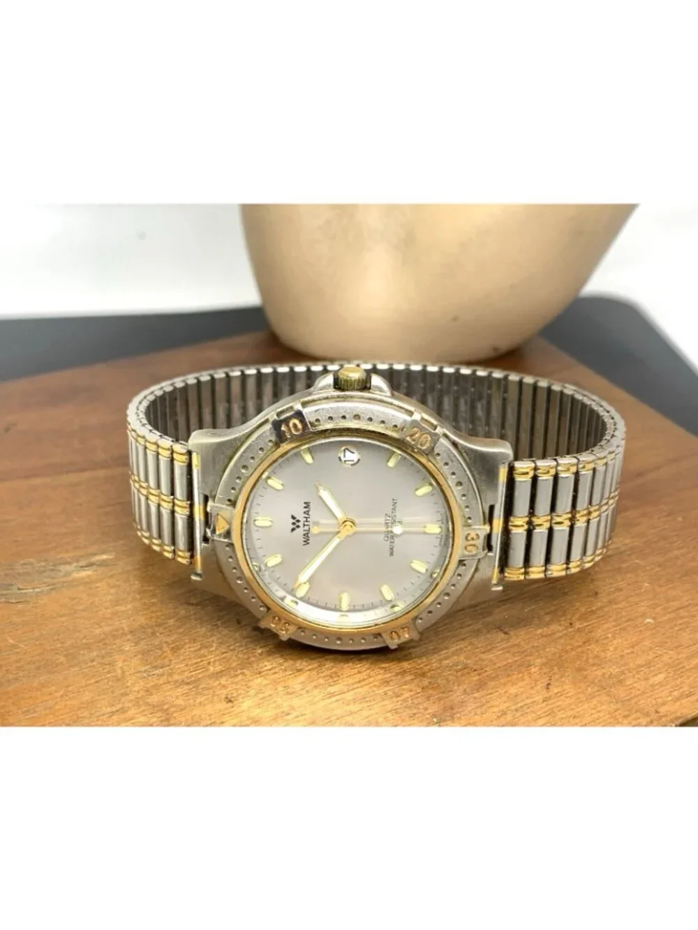 Waltham Mens Watch Vintage Quartz Silver Dial Date Two Tone Steel Expansion Band